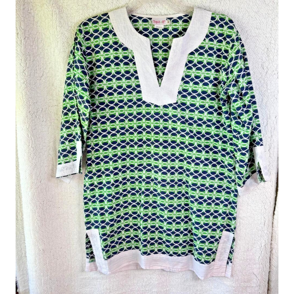 Top It Off 100% cotton Green &‎ Navy Tunic Top Size S/M 3/4 Sleeve Boho